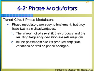 © 2008 The McGraw-Hill Companies
27
6-2: Phase Modulators6-2: Phase Modulators
Tuned-Circuit Phase Modulators
 Phase modulators are easy to implement, but they
have two main disadvantages.
1. The amount of phase shift they produce and the
resulting frequency deviation are relatively low.
2. All the phase-shift circuits produce amplitude
variations as well as phase changes.
 