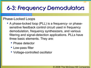 © 2008 The McGraw-Hill Companies
35
6-3: Frequency Demodulators6-3: Frequency Demodulators
Phase-Locked Loops
 A phase-locked loop (PLL) is a frequency- or phase-
sensitive feedback control circuit used in frequency
demodulation, frequency synthesizers, and various
filtering and signal-detection applications. PLLs have
three basic elements. They are:
 Phase detector
 Low-pass filter
 Voltage-controlled oscillator
 