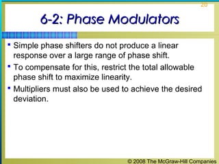 20

6-2: Phase Modulators
 Simple phase shifters do not produce a linear

response over a large range of phase shift.
 To compensate for this, restrict the total allowable
phase shift to maximize linearity.
 Multipliers must also be used to achieve the desired
deviation.

© 2008 The McGraw-Hill Companies

 