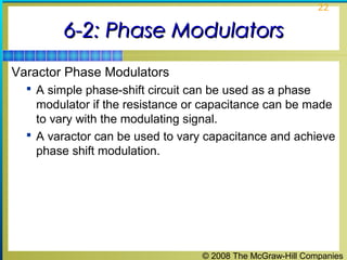 22

6-2: Phase Modulators
Varactor Phase Modulators
 A simple phase-shift circuit can be used as a phase

modulator if the resistance or capacitance can be made
to vary with the modulating signal.
 A varactor can be used to vary capacitance and achieve
phase shift modulation.

© 2008 The McGraw-Hill Companies

 