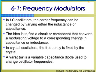5

6-1: Frequency Modulators
 In LC oscillators, the carrier frequency can be

changed by varying either the inductance or
capacitance.
 The idea is to find a circuit or component that converts
a modulating voltage to a corresponding change in
capacitance or inductance.
 In crystal oscillators, the frequency is fixed by the
crystal.
 A varactor is a variable capacitance diode used to
change oscillator frequencies.
© 2008 The McGraw-Hill Companies

 