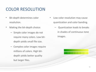 COLOR RESOLUTION
• Bit-depth determines color
resolution.
• Making the bit-depth choice:
– Simple color images do not
require many colors. Low bit-
depth yields small file size.
– Complex color images require
millions of colors. High bit-
depth yields better quality
but larger files.
• Low color resolution may cause
quantization and color banding.
– Quantization leads to breaks
in shades of continuous tone
images.
15
 