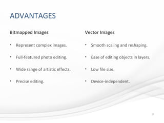 ADVANTAGES
Bitmapped Images
• Represent complex images.
• Full-featured photo editing.
• Wide range of artistic effects.
• Precise editing.
Vector Images
• Smooth scaling and reshaping.
• Ease of editing objects in layers.
• Low file size.
• Device-independent.
27
 