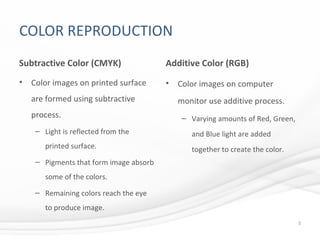 COLOR REPRODUCTION
Subtractive Color (CMYK)
• Color images on printed surface
are formed using subtractive
process.
– Light is reflected from the
printed surface.
– Pigments that form image absorb
some of the colors.
– Remaining colors reach the eye
to produce image.
Additive Color (RGB)
• Color images on computer
monitor use additive process.
– Varying amounts of Red, Green,
and Blue light are added
together to create the color.
5
 