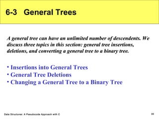 6-3 General Trees
A general tree can have an unlimited number of descendents. We
discuss three topics in this section: general tree insertions,
deletions, and converting a general tree to a binary tree.

• Insertions into General Trees
• General Tree Deletions
• Changing a General Tree to a Binary Tree

Data Structures: A Pseudocode Approach with C

35

 