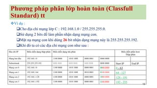 13
Phương pháp phân lớp hoàn toàn (Classfull
Standard) tt
❖Ví dụ :
❑Cho địa chỉ mạng lớp C : 192.168.1.0 / 255.255.255.0.
❑Sử dụng 2 bits để làm phần nhận dạng mạng con.
❑Mặt nạ mạng con khi dùng 26 bit nhận dạng mạng này là 255.255.255.192.
❑Khi đó ta có các địa chỉ mạng con như sau :
Địa chỉ IP Biểu diễn dạng thập phân Biểu diễn dạng nhị phân Biểu diễn phần host
Thập phân
Mạng ban đầu 192.168.1.0 1100 0000 1010 1000 0000 0001 0000 0000
Subnetmask 255.255.255.192 1111 1111 1111 1111 1111 1111 1100 0000 Start IP End IP
Mạng con 0 192.168.1.0 1100 0000 1010 1000 0000 0001 0000 0000 0 - 63
Mạng con 1 192.168.1.64 1100 0000 1010 1000 0010 0001 0100 0000 64 - 127
Mạng con 2 192.168.1.128 1100 0000 1010 1000 0000 0001 1000 0000 128 - 191
Mạng con 3 192.168.1.192 1100 0000 1010 1000 0000 0001 1100 0000 192 - 255
 
