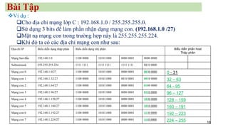 18
❖Ví dụ :
❑Cho địa chỉ mạng lớp C : 192.168.1.0 / 255.255.255.0.
❑Sử dụng 3 bits để làm phần nhận dạng mạng con. (192.168.1.0 /27)
❑Mặt nạ mạng con trong trường hợp này là 255.255.255.224.
❑Khi đó ta có các địa chỉ mạng con như sau:
Địa chỉ IP Biểu diễn dạng thập phân Biểu diễn dạng nhị phân Biểu diễn phần host
Thập phân
Mạng ban đầu 192.168.1.0 1100 0000 1010 1000 0000 0001 0000 0000
Subnetmask 255.255.255.224 1111 1111 1111 1111 1111 1111 1110 0000
Mạng con 0 192.168.1.0/27 1100 0000 1010 1000 0000 0001 0000 0000 0 - 31
Mạng con 1 192.168.1.32/27 1100 0000 1010 1000 0010 0001 0010 0000 32 – 63
Mạng con 2 192.168.1.64/27 1100 0000 1010 1000 0000 0001 0100 0000 64 - 95
Mạng con 3 192.168.1.96/27 1100 0000 1010 1000 0000 0001 0110 0000 96 – 127
Mạng con 4 192.168.1.128/27 1100 0000 1010 1000 0000 0001 1000 0000 128 – 159
Mạng con 5 192.168.1.160/27 1100 0000 1010 1000 0000 0001 1010 0000 160 – 191
Mạng con 6 192.168.1.192/27 1100 0000 1010 1000 0000 0001 1100 0000 192 – 223
Mạng con 7 192.168.1.224/27 1100 0000 1010 1000 0000 0001 1110 0000 224 – 255
Bài Tập
 