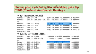 25
Phương pháp vạch đường liên miền không phân lớp
CIDR (Classless Inter-Domain Routing )
Ví dụ 1 : địa chỉ 206.13.1.48/25
Ví dụ 2: Địa chỉ 192.168.1.100/24
 