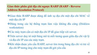 32
Giao thức phân giải địa chỉ ngược RARP (RARP - Reverse
Address Resolution Protocol)
❖Giao thức RARP được dùng để ánh xạ địa chỉ một địa chỉ MAC về
một địa chỉ IP
❖Dùng trong các hệ thống trạm làm việc không đĩa cứng (Diskless
workstation)
❖Các máy trạm cần có một địa chỉ IP để giao tiếp với server.
❖Trên server duy trì một bảng mô tả mối tương quan giữa địa chỉ vật lý
và địa chỉ IP của các máy trạm.
❖Khi nhận được yêu cầu RARP, server tìm trong bảng địa chỉ và trả về
địa chỉ IP tương ứng cho máy trạm đã gởi yêu cầu
 