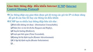 33
Giao thức thông điệp điều khiển Internet ICMP (Internet
Control Message Protocol)
❖Các thông điệp của giao thức được gởi đi trong các gói tin IP và được dùng
để gởi đi các báo lỗi hay các thông tin điều khiển
❖ICMP tạo ra nhiều loại thông điệp hữu ích như :
❑Đích đến không tới được (Destination Unreachable),
❑Thăm hỏi và trả lời (Echo Request and Reply),
❑Chuyển hướng (Redirect),
❑Vượt quá thời gian (Time Exceeded),
❑Quảng bá bộ định tuyến (Router Advertisement)
❑Cô lập bộ định tuyến (Router Solicitation)
❑....
 