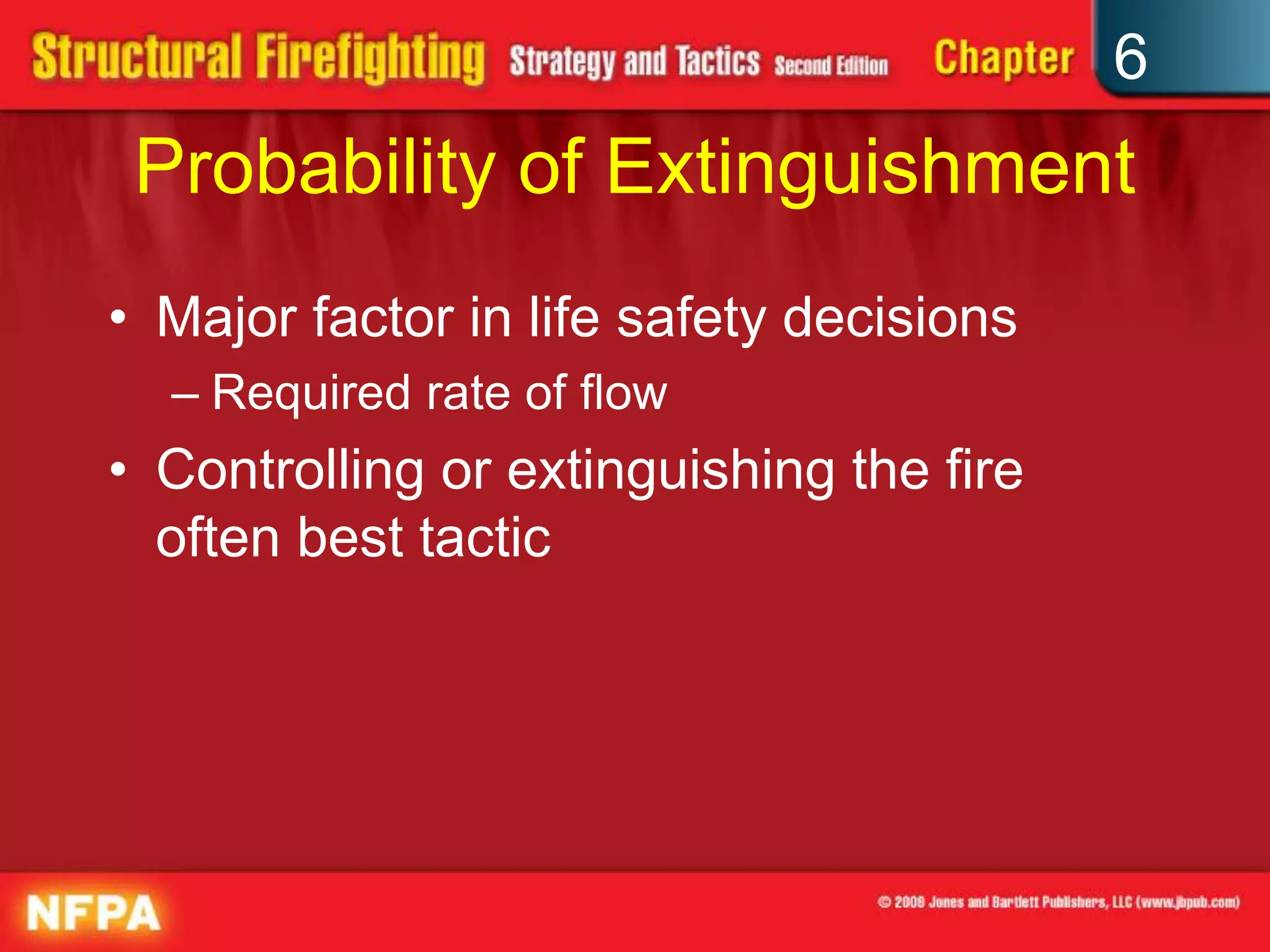 6
Probability of Extinguishment
• Major factor in life safety decisions
– Required rate of flow
• Controlling or extinguishing the fire
often best tactic
 