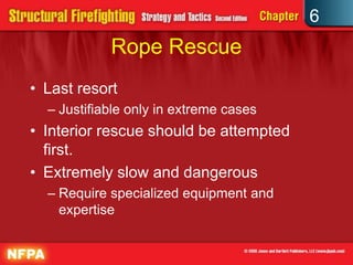 6
Rope Rescue
• Last resort
– Justifiable only in extreme cases
• Interior rescue should be attempted
first.
• Extremely slow and dangerous
– Require specialized equipment and
expertise
 