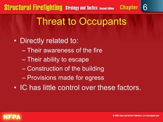 6
Threat to Occupants
• Directly related to:
– Their awareness of the fire
– Their ability to escape
– Construction of the building
– Provisions made for egress
• IC has little control over these factors.
 