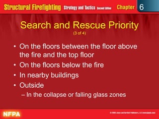 6
Search and Rescue Priority
(3 of 4)
• On the floors between the floor above
the fire and the top floor
• On the floors below the fire
• In nearby buildings
• Outside
– In the collapse or falling glass zones
 