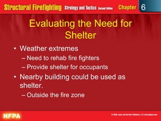 6
Evaluating the Need for
Shelter
• Weather extremes
– Need to rehab fire fighters
– Provide shelter for occupants
• Nearby building could be used as
shelter.
– Outside the fire zone
 