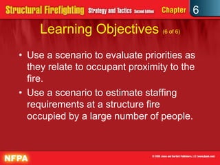 6
Learning Objectives (6 of 6)
• Use a scenario to evaluate priorities as
they relate to occupant proximity to the
fire.
• Use a scenario to estimate staffing
requirements at a structure fire
occupied by a large number of people.
 