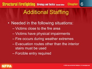 6
Additional Staffing
• Needed in the following situations:
– Victims close to the fire area
– Victims have physical impairments
– Fire occurs during weather extremes
– Evacuation routes other than the interior
stairs must be used
– Forcible entry required
 