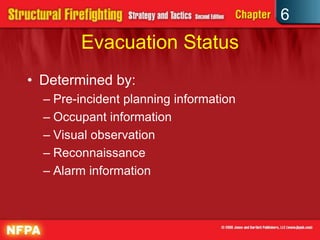 6
Evacuation Status
• Determined by:
– Pre-incident planning information
– Occupant information
– Visual observation
– Reconnaissance
– Alarm information
 