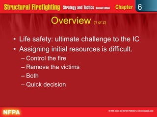 6
Overview (1 of 2)
• Life safety: ultimate challenge to the IC
• Assigning initial resources is difficult.
– Control the fire
– Remove the victims
– Both
– Quick decision
 