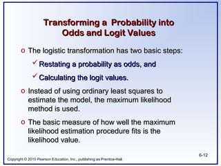 Copyright © 2010 Pearson Education, Inc., publishing as Prentice-Hall.
6-12
Transforming a Probability into
Transforming a Probability into
Odds and Logit Values
Odds and Logit Values
o The logistic transformation has two basic steps:
The logistic transformation has two basic steps:
Restating a probability as odds, and
Restating a probability as odds, and
Calculating the logit values.
Calculating the logit values.
o Instead of using ordinary least squares to
Instead of using ordinary least squares to
estimate the model, the maximum likelihood
estimate the model, the maximum likelihood
method is used.
method is used.
o The basic measure of how well the maximum
The basic measure of how well the maximum
likelihood estimation procedure fits is the
likelihood estimation procedure fits is the
likelihood value.
likelihood value.
 