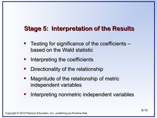Copyright © 2010 Pearson Education, Inc., publishing as Prentice-Hall.
6-15
Stage 5: Interpretation of the Results
Stage 5: Interpretation of the Results
• Testing for significance of the coefficients –
Testing for significance of the coefficients –
based on the Wald statistic
based on the Wald statistic
• Interpreting the coefficients
Interpreting the coefficients
• Directionality of the relationship
Directionality of the relationship
• Magnitude of the relationship of metric
Magnitude of the relationship of metric
independent variables
independent variables
• Interpreting nonmetric independent variables
Interpreting nonmetric independent variables
 