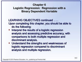 Copyright © 2010 Pearson Education, Inc., publishing as Prentice-Hall.
6-3
LEARNING OBJECTIVES continued . . .
LEARNING OBJECTIVES continued . . .
Upon completing this chapter, you should be able to
Upon completing this chapter, you should be able to
do the following:
do the following:
• Interpret the results of a logistic regression
Interpret the results of a logistic regression
analysis and assessing predictive accuracy, with
analysis and assessing predictive accuracy, with
comparisons to both multiple regression and
comparisons to both multiple regression and
discriminant analysis.
discriminant analysis.
• Understand the strengths and weaknesses of
Understand the strengths and weaknesses of
logistic regression compared to discriminant
logistic regression compared to discriminant
analysis and multiple regression.
analysis and multiple regression.
Chapter 6
Chapter 6
Logistic Regression: Regression with a
Logistic Regression: Regression with a
Binary Dependent Variable
Binary Dependent Variable
 