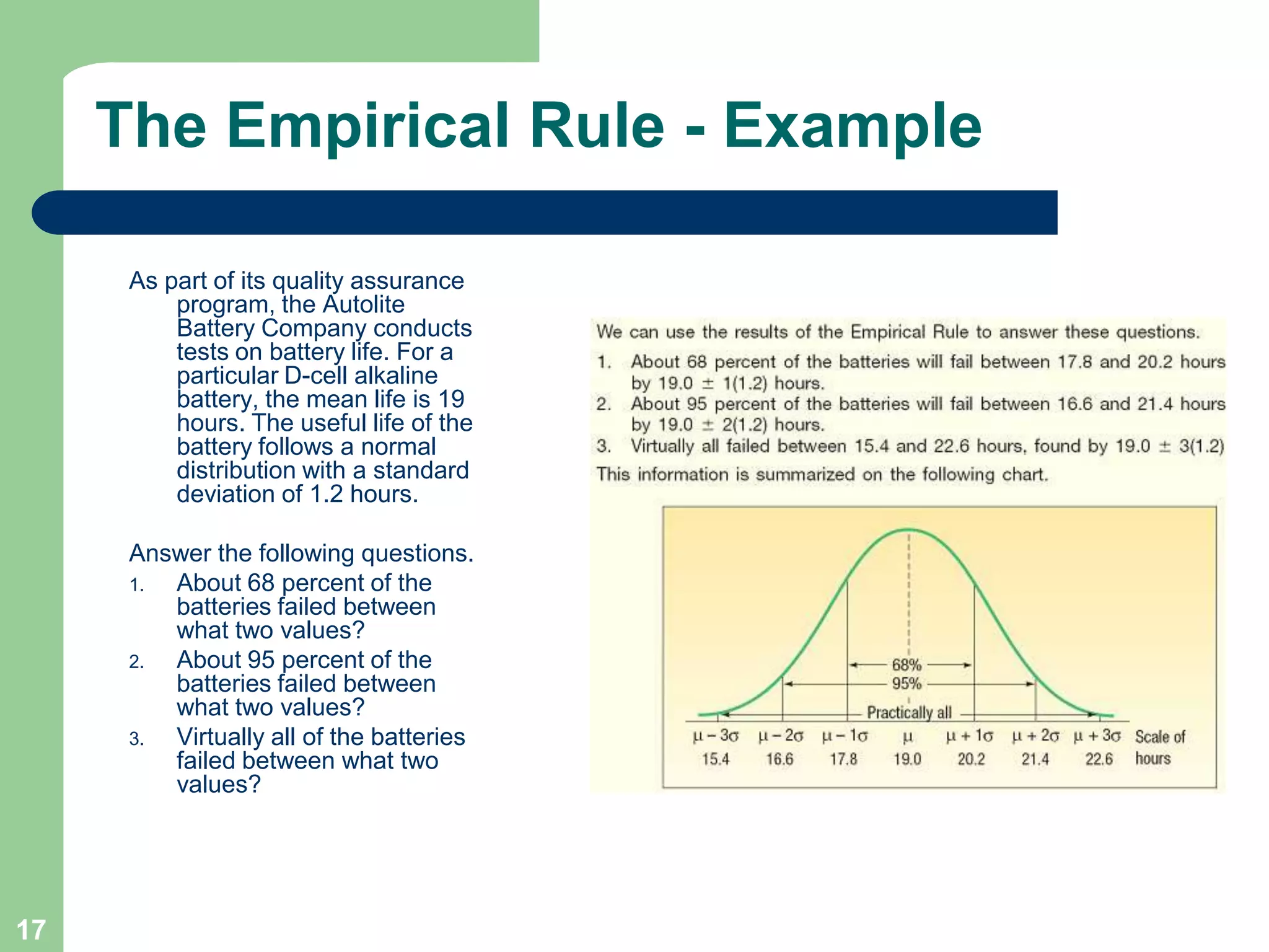 17The Empirical Rule - ExampleAs part of its quality assurance program, the Autolite Battery Company conducts tests on battery life. For a particular D-cell alkaline battery, the mean life is 19 hours. The useful life of the battery follows a normal distribution with a standard deviation of 1.2 hours. Answer the following questions.About 68 percent of the batteries failed between what two values? About 95 percent of the batteries failed between what two values?Virtually all of the batteries failed between what two values?