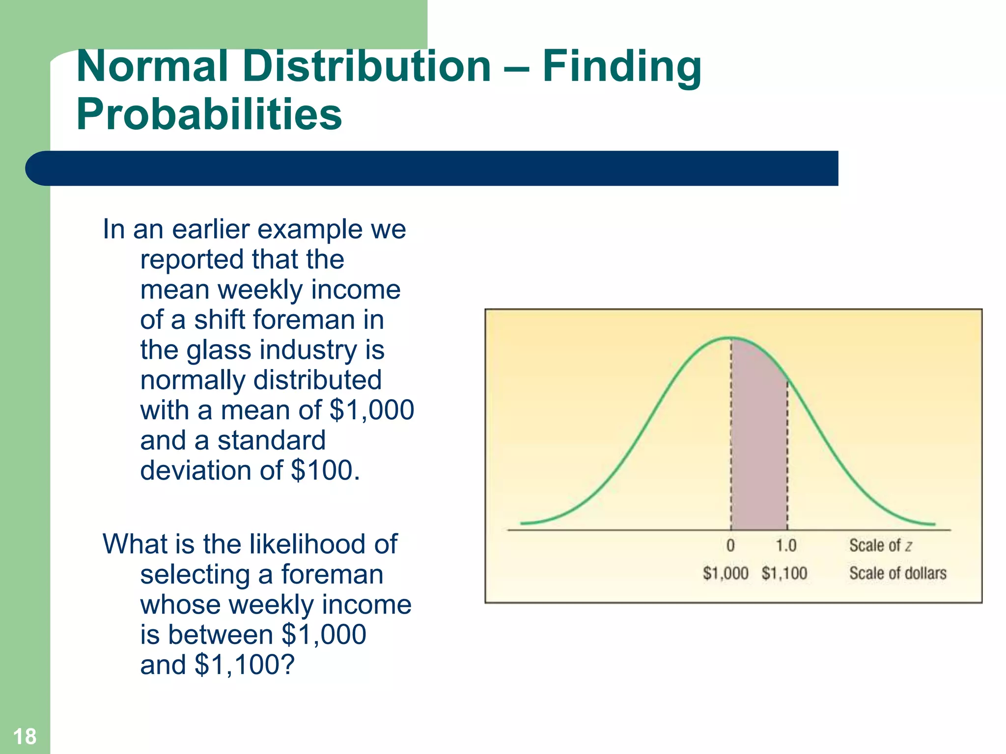 18Normal Distribution – Finding ProbabilitiesIn an earlier example we reported that the mean weekly income of a shift foreman in the glass industry is normally distributed with a mean of $1,000 and a standard deviation of $100.What is the likelihood of selecting a foreman whose weekly income is between $1,000 and $1,100?