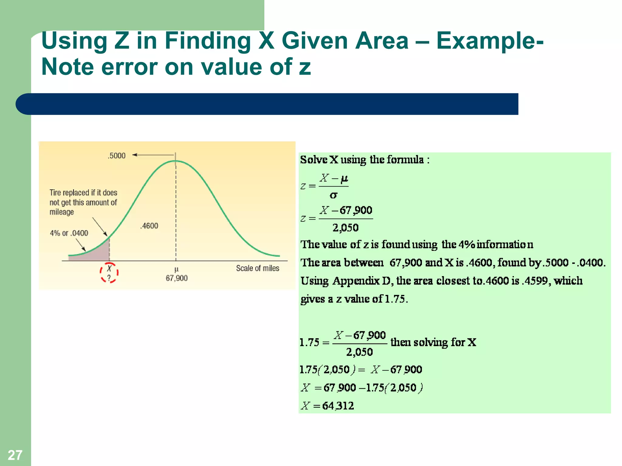 27Using Z in Finding X Given Area – Example-Note error on value of z