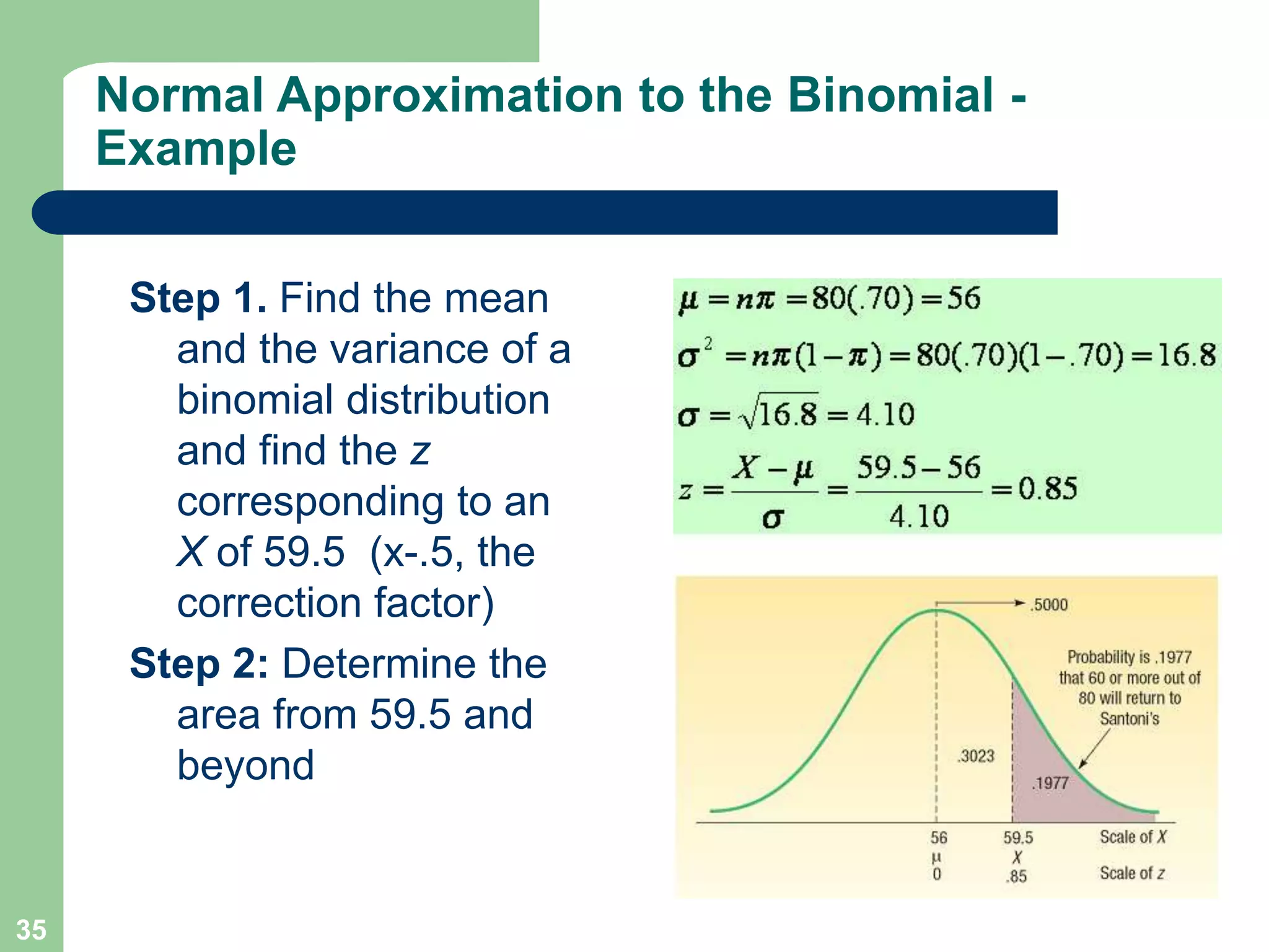 35Normal Approximation to the Binomial - ExampleStep 1. Find the mean and the variance of a binomial distribution and find the z corresponding to an X of 59.5  (x-.5, the correction factor)Step 2: Determine the area from 59.5 and beyond