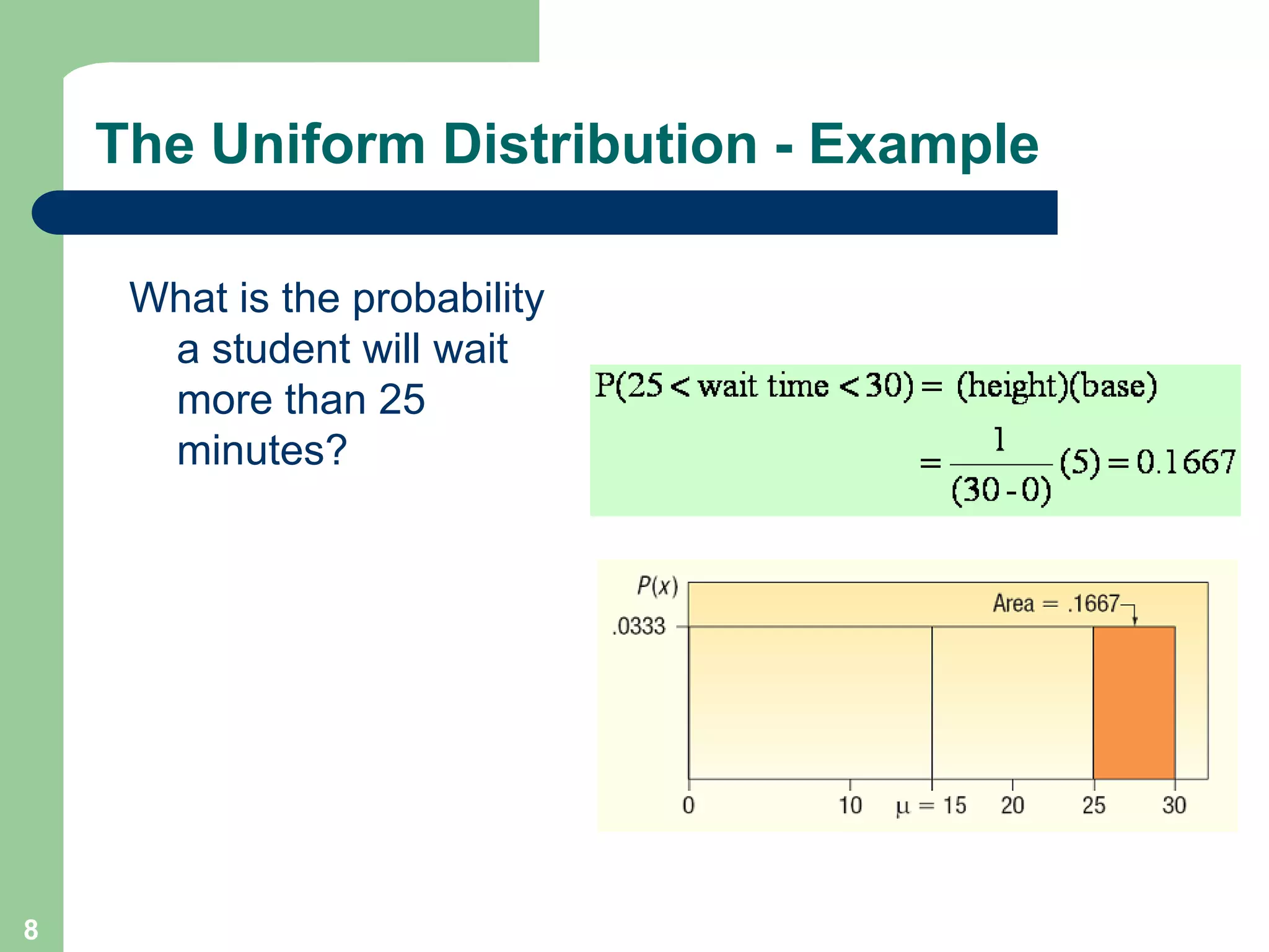 8The Uniform Distribution - ExampleWhat is the probability a student will wait more than 25 minutes?