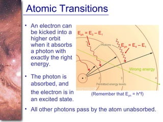 Atomic Transitions An electron can be kicked into a higher orbit when it absorbs a photon with  exactly the right energy. All other photons pass by the atom unabsorbed.   E ph  = E 4  – E 1 E ph  = E 3  – E 1 (Remember that E ph  = h*f) Wrong energy The photon is absorbed, and  the electron is in an excited state. 
