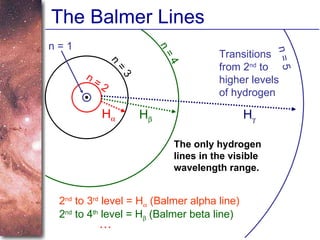 The Balmer Lines n = 1 n = 2 n = 4 n = 5 n = 3 H  H  H  The only hydrogen lines in the visible wavelength range. Transitions from 2 nd  to higher levels of hydrogen 2 nd  to 3 rd  level = H   (Balmer alpha line) 2 nd  to 4 th  level = H   (Balmer beta line) … 
