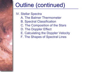Outline (continued) IV. Stellar Spectra A. The Balmer Thermometer B. Spectral Classification C. The Composition of the Stars D. The Doppler Effect E. Calculating the Doppler Velocity F. The Shapes of Spectral Lines 