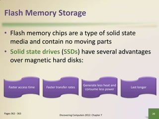 Flash Memory Storage

• Flash memory chips are a type of solid state
  media and contain no moving parts
• Solid state drives (SSDs) have several advantages
  over magnetic hard disks:


                                                     Generate less heat and
   Faster access time   Faster transfer rates                                 Last longer
                                                      consume less power




Pages 362 - 363                                                                             20
                                 Discovering Computers 2012: Chapter 7
 