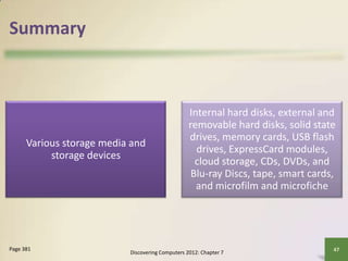 Summary



                                                  Internal hard disks, external and
                                                  removable hard disks, solid state
                                                  drives, memory cards, USB flash
      Various storage media and
                                                    drives, ExpressCard modules,
           storage devices
                                                    cloud storage, CDs, DVDs, and
                                                   Blu-ray Discs, tape, smart cards,
                                                    and microfilm and microfiche




Page 381                                                                           47
                           Discovering Computers 2012: Chapter 7
 