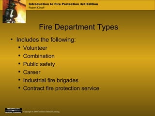 Fire Department Types Includes the following: Volunteer Combination Public safety Career Industrial fire brigades Contract fire protection service   