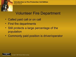 Volunteer Fire Department Called paid call or on call First fire departments  Still protects a large percentage of the population Commonly paid position is driver/operator 