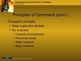 Principles of Command (con’t.) Exception principle Keep supervisor advised No surprises Unusual circumstances Personnel issues Major expense Major incidents 