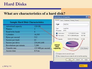 Hard Disks What are characteristics of a hard disk? p. 356 Fig. 7-13 actual disk capacity Next Sample Hard Disk Characteristics Advertised capacity 120 GB Platters 3 Read/write heads 6 Cylinders 16,383 Bytes per second 512 Sectors per track 63 Sectors per drive 234,441,648 Revolutions per minute 7,200 Transfer rate 133 MB per second Access time 8.9 ms 