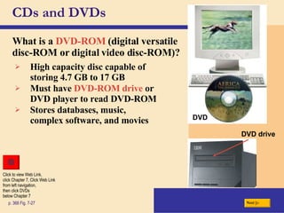 CDs and DVDs What is a   DVD-ROM  (digital versatile disc-ROM or digital video disc-ROM)? p. 368 Fig. 7-27 DVD DVD drive High capacity disc capable of storing 4.7 GB to 17 GB Must have   DVD-ROM drive   or DVD player to read DVD-ROM Stores databases, music, complex software, and movies Next Click to view Web Link, click Chapter 7, Click Web Link from left navigation,  then click DVDs below Chapter 7 