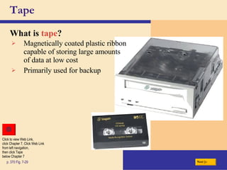 Tape What is   tape ? p. 370 Fig. 7-29 Magnetically coated plastic ribbon capable of storing large amounts of data at low cost Primarily used for backup Next Click to view Web Link, click Chapter 7, Click Web Link from left navigation,  then click Tape below Chapter 7 