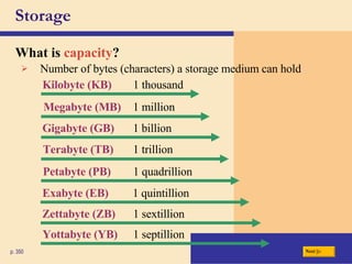 Storage What is   capacity ? p. 350 Number of bytes (characters) a storage medium can hold Next Kilobyte (KB) 1 thousand Megabyte (MB) 1 million Gigabyte (GB) 1 billion Terabyte (TB) 1 trillion Petabyte (PB) 1 quadrillion Exabyte (EB) 1 quintillion Zettabyte (ZB) 1 sextillion Yottabyte (YB) 1 septillion 