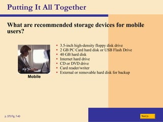 Putting It All Together What are recommended storage devices for mobile users? p. 375 Fig. 7-40 3.5-inch high-density floppy disk drive 2 GB PC Card hard disk or USB Flash Drive 40 GB hard disk Internet hard drive CD or DVD drive Card reader/writer External or removable hard disk for backup Next Mobile 