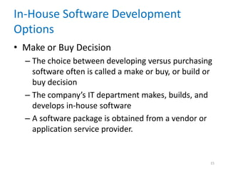 In-House Software Development
Options
• Make or Buy Decision
– The choice between developing versus purchasing
software often is called a make or buy, or build or
buy decision
– The company’s IT department makes, builds, and
develops in-house software
– A software package is obtained from a vendor or
application service provider.
15
 