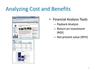 Analyzing Cost and Benefits
• Financial Analysis Tools
– Payback Analysis
– Return on investment
(ROI)
– Net present value (NPV)
21
 