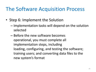 The Software Acquisition Process
• Step 6: Implement the Solution
– Implementation tasks will depend on the solution
selected
– Before the new software becomes
operational, you must complete all
implementation steps, including
loading, configuring, and testing the software;
training users; and converting data files to the
new system’s format
29
 