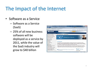 The Impact of the Internet
• Software as a Service
– Software as a Service
(SaaS)
– 25% of all new business
software will be
deployed as a service by
2011, while the value of
the SaaS industry will
grow to $40 billion
7
 