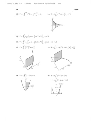 January 27, 2005 11:45            L24-CH07                 Sheet number 9 Page number 298                                  black



             298                                                                                                                                             Chapter 7

                                  ln 3                          ln 3                                                 1
                                                         π 2x                                                                             π
             13. V = π                     e2x dx =        e           = 4π                14. V = π                     e−4x dx =          (1 − e−4 )
                              0                          2      0                                                0                        4

                                                                                                        y
                                                                                                  1


                                                                                                                                      x
                                                                                                                             1


                                                                                                 –1


                              2                                                2
                                        1       π
             15. V =              π       2
                                            dx = tan−1 (x/2)                        = π 2 /4
                          −2           4+x      2                              −2

                              1                                                1
                                       e6x        π                                    π
             16. V =              π        6x
                                              dx = ln(1 + e6x )                    =     (ln(1 + e6 ) − ln 2)
                          0           1+e         6                            0       6

                              1               2                                                                 1
                                                           3                                                                                    2 1   8
             17. V =                  y 1/3       dy =                                     18. V =                  (1 − y 2 )2 dy = 1 −         + =
                          0                                5                                                0                                   3 5  15




                    y                                                                             y


                   0.75                                                                          0.75
                                                                           x                                                                             x

                                                                    0.75                                                                         0.75
                          0.25                                                                              0.25
                                                  0.25                                                                                0.25




                                  3                                                                                  3
             19. V = π                (1 + y)dy = 8π                                       20. V = π                     [22 − (y + 1)]dy
                              −1                                                                                 0
                                       y                                                                             3
                                                                                                      =π                 (3 − y)dy = 9π/2
                                  3                                                                              0

                                                                                                                             x = √y + 1
                                                                                                                    y        y = x2 – 1
                                              x = √1 + y
                                                      x                                                      3           (2, 3)
                                                2


                                                                                                                                  x
 
