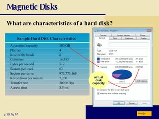 Magnetic Disks What are characteristics of a hard disk? p. 359 Fig. 7-7 actual disk capacity Next Sample Hard Disk Characteristics Advertised capacity 500 GB Platters 4 Read/write heads 8 Cylinders 16,383 Bytes per second 512 Sectors per track 63 Sectors per drive 973,773,168 Revolutions per minute 7,200 Transfer rate 300 MBps Access time 8.5 ms 
